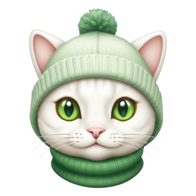 white cat wearing a winter style frog hat with eyes sticker