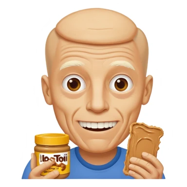 White man, barely any hair, lots and lots of wrinkles, bad yellow teeth, and peanut butter sticker