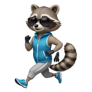 friendly anthropomorphised raccoon in sports wear, wearing dark sunglasses, jogging upright in relaxed pose sticker
