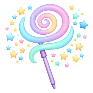 Cinematic cute magical wand, pastel swirls of color, tiny twinkling stars floating around, glowing softly, chubby rounded edges, whimsical and dreamy. sticker