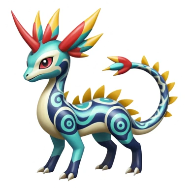zig-zag-patterned clownish colorful exotic fruity tribal tropical hot swirl-marked Meloetta-Dialga-Salamence-Giratina-Noivern-Pokémon-Fakémon-fusion-hybrid-creature sticker