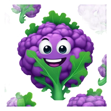  Cheerful purple cauliflower with vibrant green leaves, a cute face with big expressive eyes and a friendly smile, styled in a cartoonish and playful design. sticker