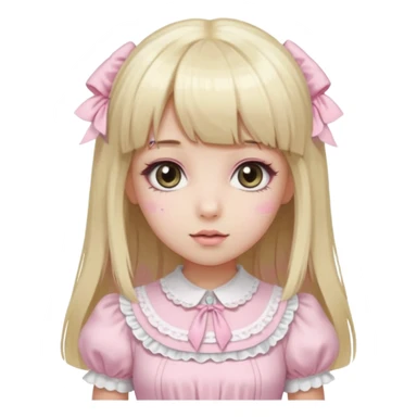 pale girl , who has straight hair medium length blonde and baby pink swirled hair with bangs , grey eyes , and doll like makeup , in a light pink lolita hime gyaru dress emoji | AI Emoji Generator sticker