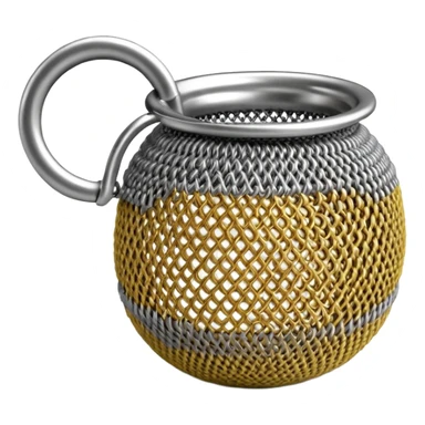 3D render of Tea Strainer, made of interlocking chainmail metal rings, wire mesh texture, visible holes and negative space, metallic silver and grey, high contrast shadows, emoji style, isolated on white background --v 6.0. sticker