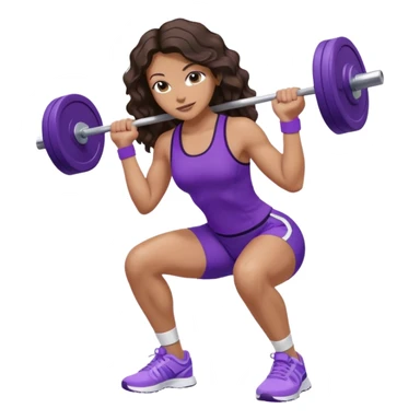 mujer de tez trigueña, con cabello castaño oscuro ondulado con pequeñas ondas, con el cabello super largo hasta las rodillas estilizado, con ropa deportiva morada/lila, tenis blancos deportivos y levantando una pesa sticker