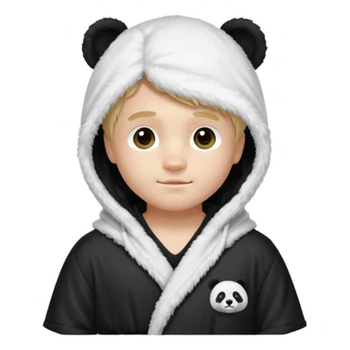 Create a blond boy with long, messy hair, light eyes, a white t-shirt, rich, with long hair, blue eyes, medium-length, voluminous hair, wearing a black Nike bathrobe and a little blush near his nose. and with a panda balaclava, but showing her hair. sticker