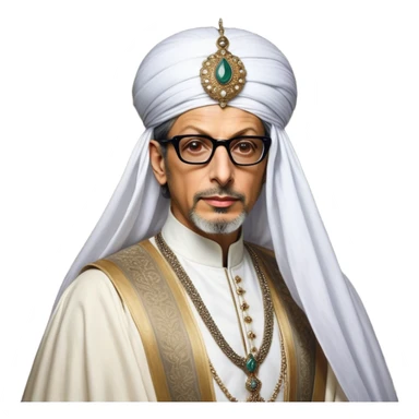 Jeff Goldblum no glasses as a regal portrait dressed as _cinematic-realistic-portrait-of-suleiman-the-magnificent,-depicted-as-a-regal-ottoman-sultan-adorned-with-a-large,-white,-round,-tall-turban-and-a-majestic-grey-beard,-his-commanding-gaze-bathed-in-warm,-historic-lighting-that-exudes-timel sticker