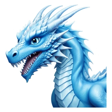 Cinematic Noble very elegant slender Ice Dragon Portrait Emoji, Poised and imposing, distinct long elegant snout, with a slender, scaled body shimmering in glacial hues of icy blue, frostbitten silver, and crystalline white, breathing out frost, with piercing, glowing ice blue white eyes that radiate the chilling depths of an arctic storm; rendered in detail. excuding wisdom sticker
