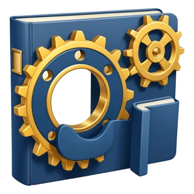 Un libro azul navy con detalles dorados, bordes metálicos y un gear dorado con una tabla ascendente como productividad en la portada, estrategia y éxito en movimiento (book of productivity) sticker