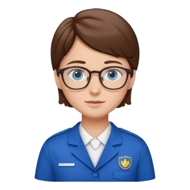 Generate from my photo brown hair blue eyes with glasses wearing care blue uniform sticker