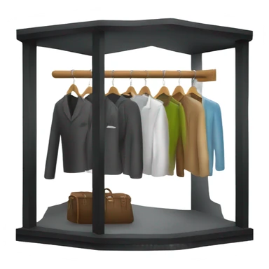 Design an emoji-style icon of an open wardrobe with clothes hanging inside. Include details like a wooden frame, hangers, and only black or white different clothing items such as shirts or any other clothing . Use a clean and minimalistic design. sticker