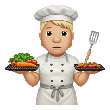 hippo man with tied blond hair and and a white apron grilling vegetables on a sizzling grill sticker