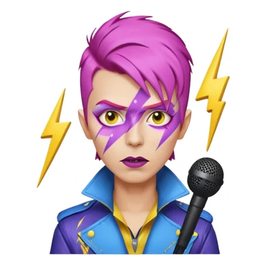male rockstar emoji character inspired by David Bowie, short side-swept pink hair, lightning bolt face paint across one eye, yellow emoji skin, dark lipstick, purple and blue futuristic jacket, microphone in front, white background sticker