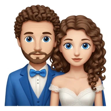 wedding couple, woman has very long and lightly curled brown hair and blue eyes, man has short light brown curly hair and facial hair with blue eyes sticker