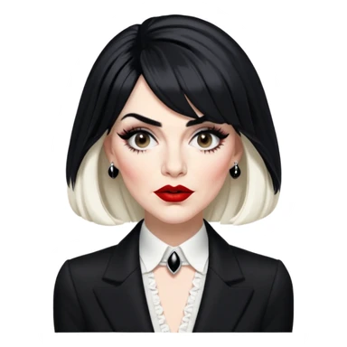 Moira Rose from Schitt's Creek with dramatic black and white outfit, bold red lips, distinctive black wig, and exaggerated expression sticker