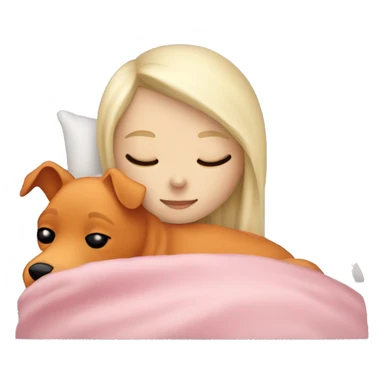 White blonde girl who sleeping peacefully with his orange dog in a bed with a white pillow and a pink blanket sticker