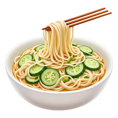 Liangpi Cold Skin Noodles with julienned cucumber and sesame sauce, simplified emoji style with bold outlines and bright colors, cartoon style Shaanxi cold appetizer sticker