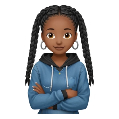 African American dark skin girl with long black box braids wearing a plain black hoodie with denim skinny jeans with arms folded across chest sticker