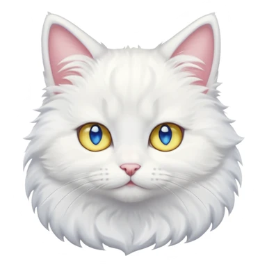 Make me a cute white fluffy cat anime style with one blue eye and one yellow eye, make the eyes big kawaii style sticker