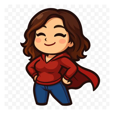 Create a chibi emote of a woman from the reference images with a slightly skinnier body and bigger chest, wearing a red hoodie and blue jeans, superhero cape pose, cute heroic face, no headband, no wand, no green heart, transparent background, and top color not matching jeans, matching the attached green heart emote as a base style. sticker