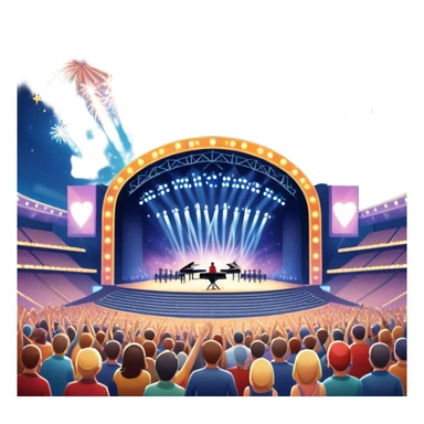 An icon showing a stadium stage with a concert in full swing, bright stage lights illuminating the performers, and fireworks bursting in the sky. The excitement of the crowd is palpable, symbolizing a love for live music and unforgettable shows. transparent background. sticker