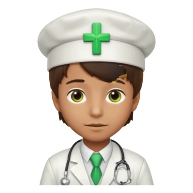 a doctor in white suit with a doctor hat with green cross brown hair boy sticker