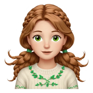 light brown hair hazel/green eyes woman with a white cable knit sweater and one braid down her back  with tendrils of hair flowing down her face and she is happy pale, some freckles, blush. she has a cateye wing and long lashes sticker