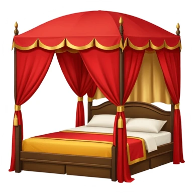 bed with red and gold sheets, wooden, canopy, simple, dark, no-tent sticker