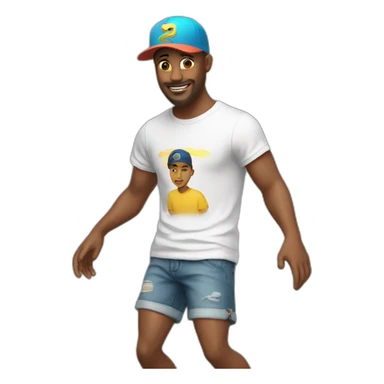 white man, cross earring, t-shirt, cap and short shorts, dancing sticker