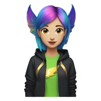Lady with brunette and iridescent blue hair, gold, lime green dragon wings, black hoodie, oilslick holographic, black and gold Nike t shirt, and bright red eyes sticker
