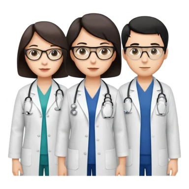 Create four doctors grouped together. Place a female doctor with dark brown short bob hair prominently in the front. Behind her, include:

a doctor with white hair wearing glasses,

a young male doctor with black hair and no glasses,

and a female doctor with black short bob hair wearing glasses. sticker
