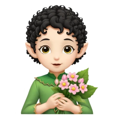 Tiny elf baby black curly hair with pointy ears, hold flowers sticker