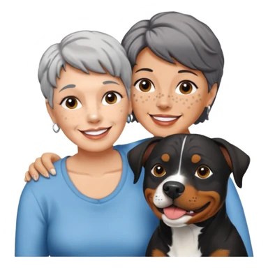 Pit bull Rottweiler mix with white muzzle and spots on muzzle next to older woman with really short grey hair sticker