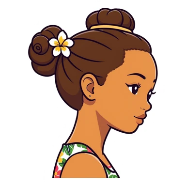 black girl side profile, brown hair in a bun, Hawaiian flower in hair sticker