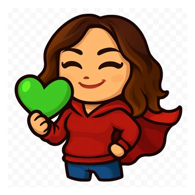 Sticker style chibi emote, matching the attached green heart emote as a base, but with a slightly skinnier body and a bigger chest. Woman from reference, red hoodie and blue jeans, superhero cape pose, cute heroic face, no headband, no wand, transparent background. Top color should not match jeans. sticker
