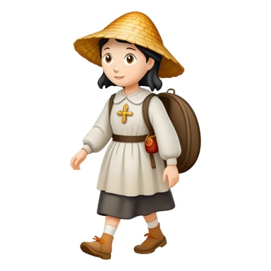 pilgrim woman walking with the Camino de Santiago shell behind her sticker