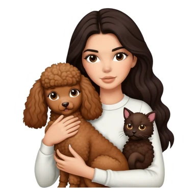 Kendall Jenner with long dark hair holding a brown poodle and a cow cat in her arms sticker