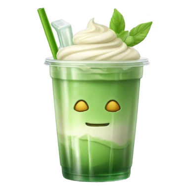 Fresh looking iced Matcha Latte with a Glass Straw and in a glass cup which looks like a plastic cup sticker