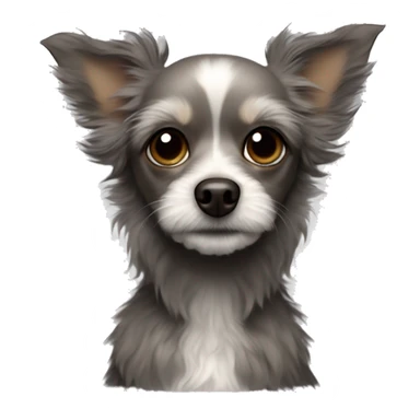 chihuahua poodle mix, small, dark, scruffy dog with large, expressive eyes and pointed ears. It has prominent ears that stand upright and a mix of gray and dark brown fur with some lighter areas around the face and chest sticker