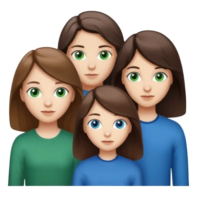 Three people total: Two girls brunette one with straight long hair and blue eyes one with curled hair middle length and green eyes and the other a boy lighter brown with blue eyes  sticker