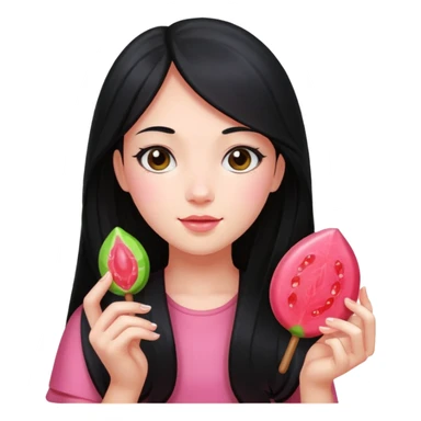 A girl with long black hair holding a piece of guava hard candy sticker