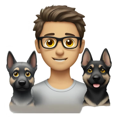 a boy with brown hair, black glasses and grey eyes with the grey german shepherd with yellow eyes sticker
