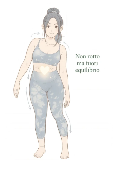 stile manga a woman stands in a relaxed pose, with a gentle, confident expression. Her body is shown with subtle, curved lines or arrows indicating areas of imbalance (such as a slight tilt in the shoulders or hips), but no signs of injury or damage. A soft glow or heart symbol at her core emphasizes resilience and the message “Non rotto, ma fuori equilibrio” The background is clean and clinical, with light blue tones. sticker