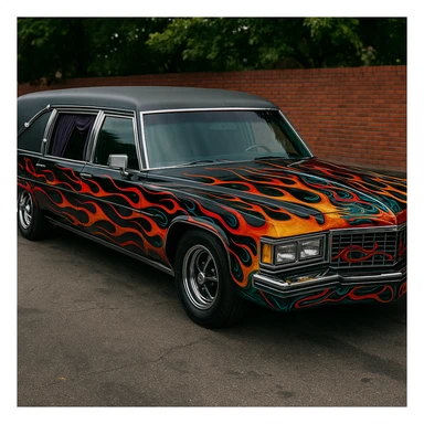 a hearse car with flames and custom paint sticker