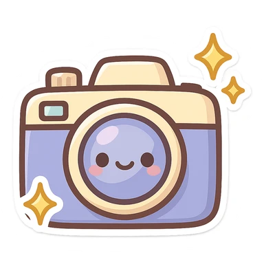 chibi sticker-style camera with sparkles, cute and exaggerated sticker