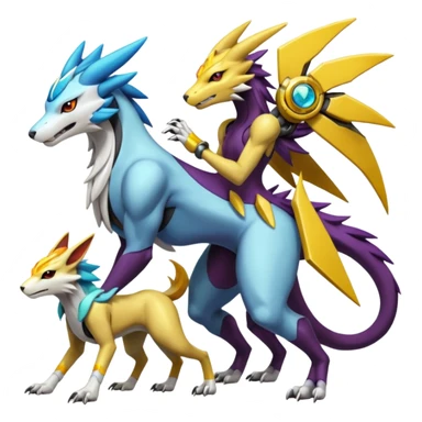 Colorful Futuristic Meloetta-Manectric-Solgaleo-Raikou-Wargreymon-Sergal-Pokémon-Digimon-Fakémon-fusion-hybrid-creature sticker