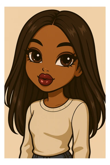 Change her expression to dreamy, headshot only, 20-year-old anime Bratz style woman with dark skin, straight hair, more casual outfit, big expressive eyes, glossy lips, no hat, no tears, looking straight ahead. The style should reflect anime Bratz aesthetics with emphasis on big expressive eyes and glossy lips. sticker