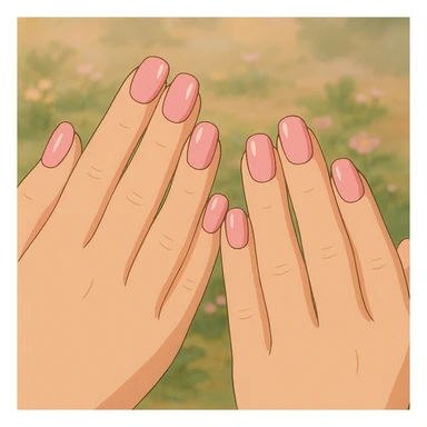 pink cute press on nails on cute hands, ghibli style, charming and whimsical, soft lighting sticker