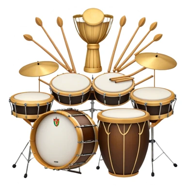 Create a complex, festive, and professional emblem-like emoji representing percussion instruments. The design should resemble a heraldic crest, featuring iconic drums and percussion such as a snare drum, bass drum, timpani, cymbals, marimba, and tambourine, arranged in a balanced and symmetrical composition. Drumsticks should cross elegantly at the center, symbolizing rhythm and energy. A flowing ribbon of musical notes should weave dynamically around the instruments, enhancing the celebratory and grand aesthetic. Ornate elements such as laurel wreaths, swirls, or subtle engravings should emphasize the prestige and importance of percussion in music. The color palette should include rich gold, deep mahogany, and silver, with refined highlights and shading for a polished, three-dimensional effect. The overall composition should be harmoniously structured, visually complete, and suitable as a standalone emblem. The background should be transparent. sticker