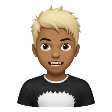 Black Male Teenager with Short punk messy blonde hair, Dark brown bushy eyebrows large expressive golden-brown eyes, wearing a plain white t-shirt, Dark Brown skin color. vampire tooth sticker